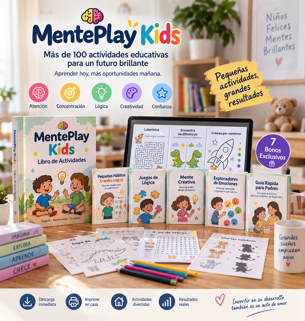 MentePlay Kids™ | +100 Actividades Educativas para Desarrollar Atención, Concentración, Diversión y Creatividad